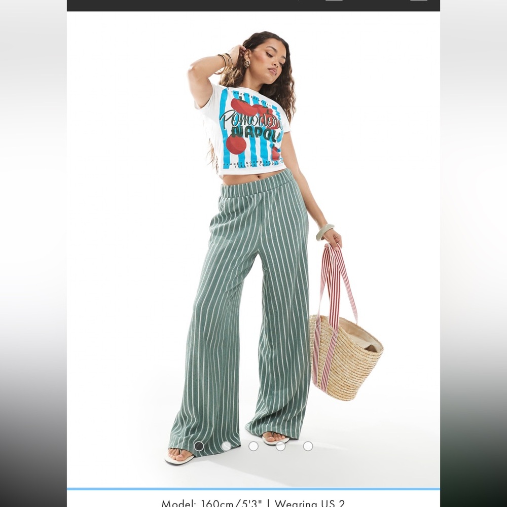 ONLY Petite wide leg textured pants in green stripe NWT